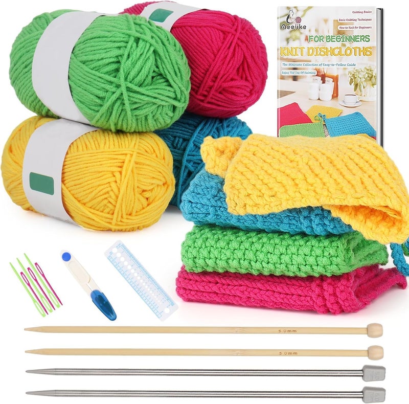 Aeelike Knitting Kit for Beginners, Complete Beginner Knitting Kit Easy Knitting Set Including Knitting Needles Set Cotton Yarn, Learn to Knit Dishcloth with Step-by-Step Instructions, Colorful - Image 1